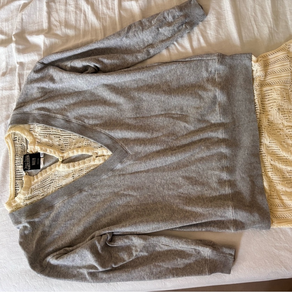 Jean Paul Gaultier Maille Femme Gray V-Neck Sweater with Cream Lace Detail